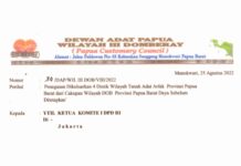 Surati Komite I DPD RI, DAP Wilayah III Domberay Minta 4 Distrik Ini Dikeluarkan dari Cakupan DOB PBD